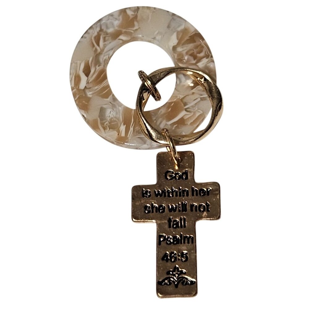 Goldtone Psalm 46:5 Cross Pendant Keychain Marbled Beige Acrylic Ring Religious